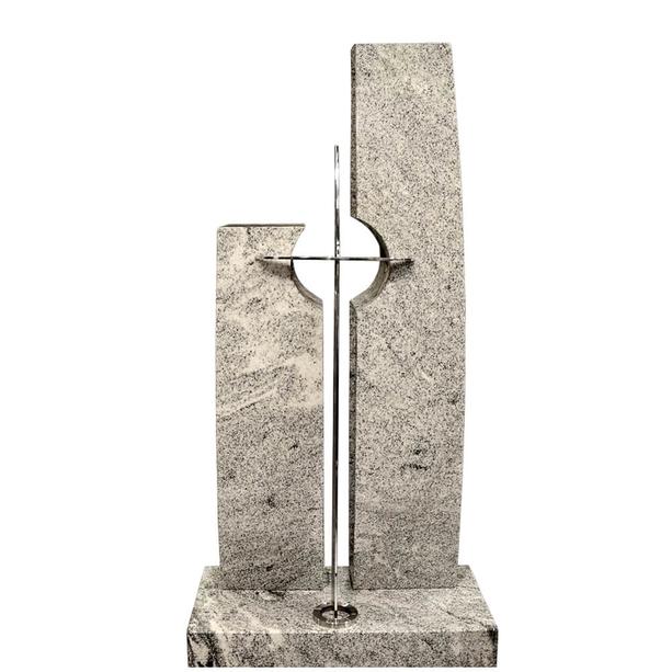 Modernes Grabmal aus grauem Granit mit Edelstahl Kreuz - Paolini