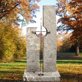 Modernes Grabmal aus grauem Granit mit Edelstahl Kreuz -...