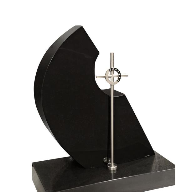 Moderner schwarzer Urnengrabstein aus Granit mit Edelstahl Kreuz - Danella