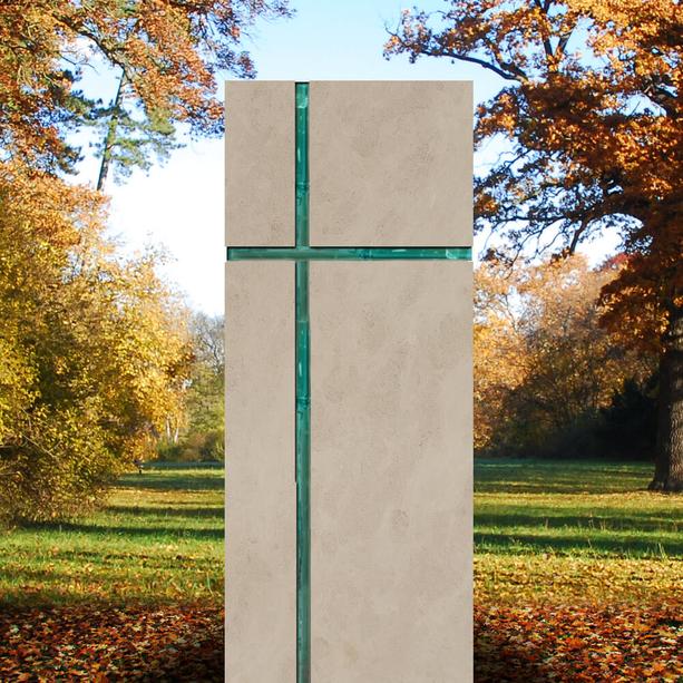 Modernes Urnengrabmal mit Glas - religiös/christliche Symbolik in Kalkstein - Amadei Crucis