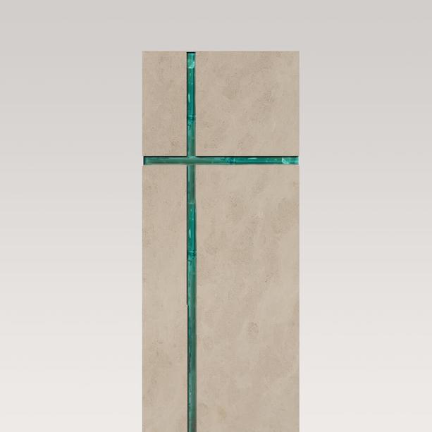 Modernes Einzelgrabmal mit Glas - religiös/christliche Symbolik in Kalkstein - Amadei Crucis