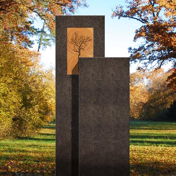 Moderner Einzelgrabstein - Granit - zweiteilig mit Holz & Lebensbaum - Amancio Lignum
