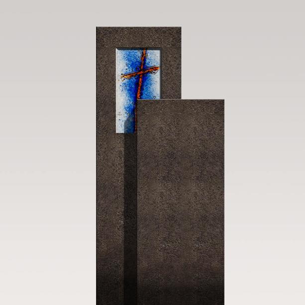 Zweigeteilter Granit Urnen Grabstein mit Glas Symbol Kreuz - Amancio Crucis