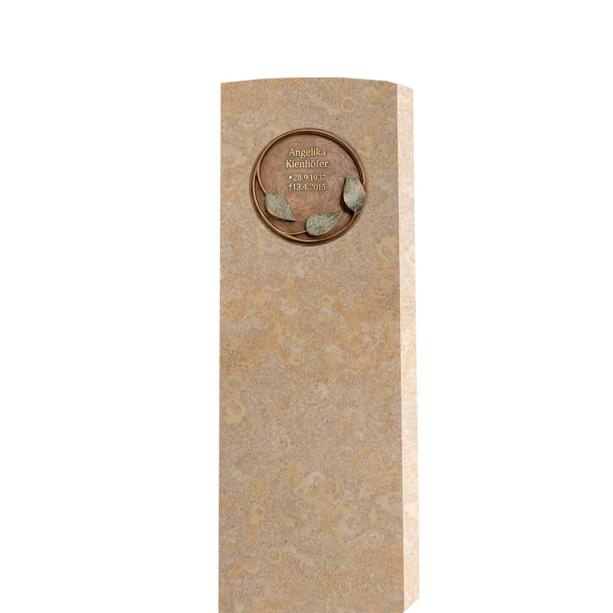 Heller Kalkstein Grabstein mit Bronze Ornament / Floral - Doppelgrab - Lapis Folium