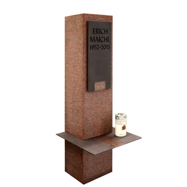 Einzelgrabstein Stele in rotem Granit Ruby Red mit Bronze-Tafel - Sensum