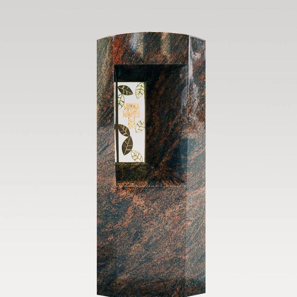 Granit Urnengrabmal / poliert mit floralem Bronzeornament & Inschrift - Fenestra