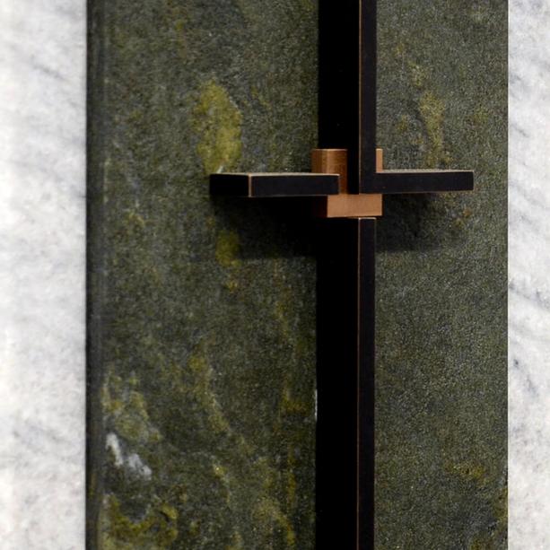 Zweiteilige Grabstein Stele mit grünem Granit & weißem Marmor & Bronze Grablicht / Urnengrab - Cupito